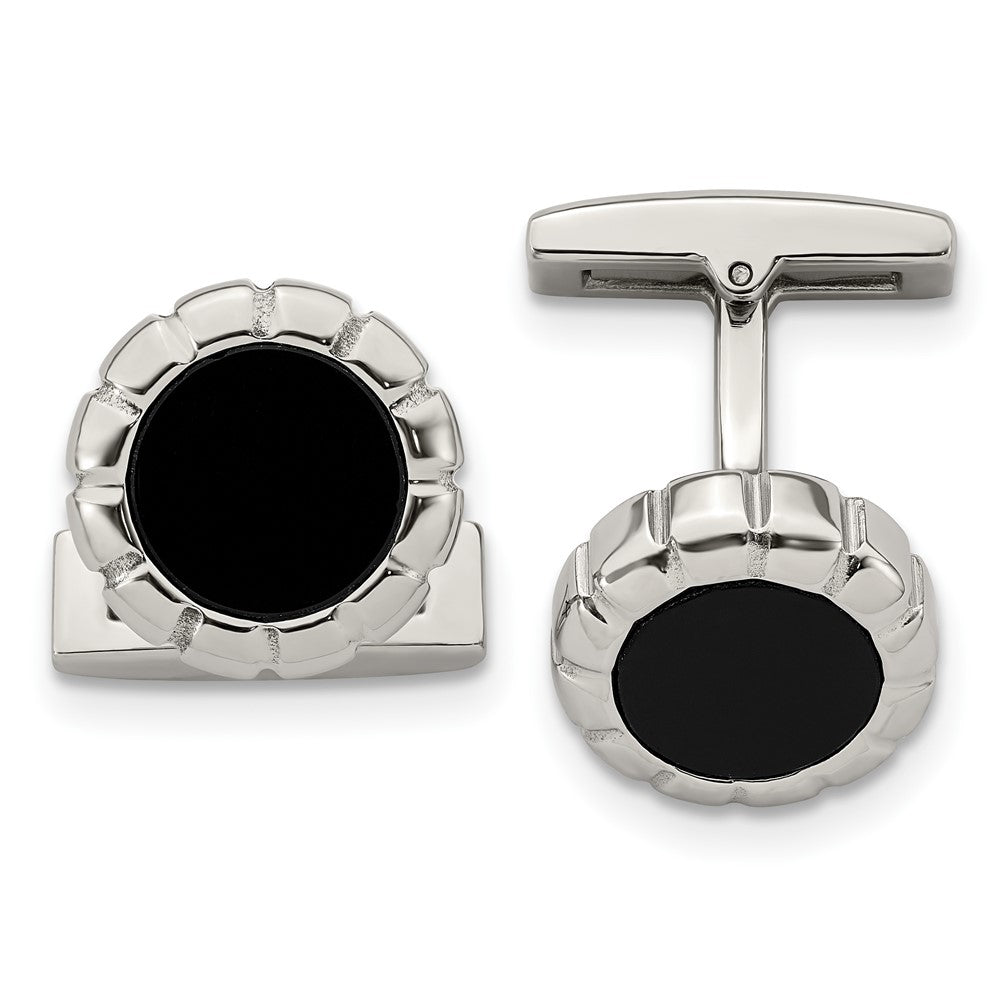 Stainless Steel Polished Black IP Scalloped Round CufflinksSRC342