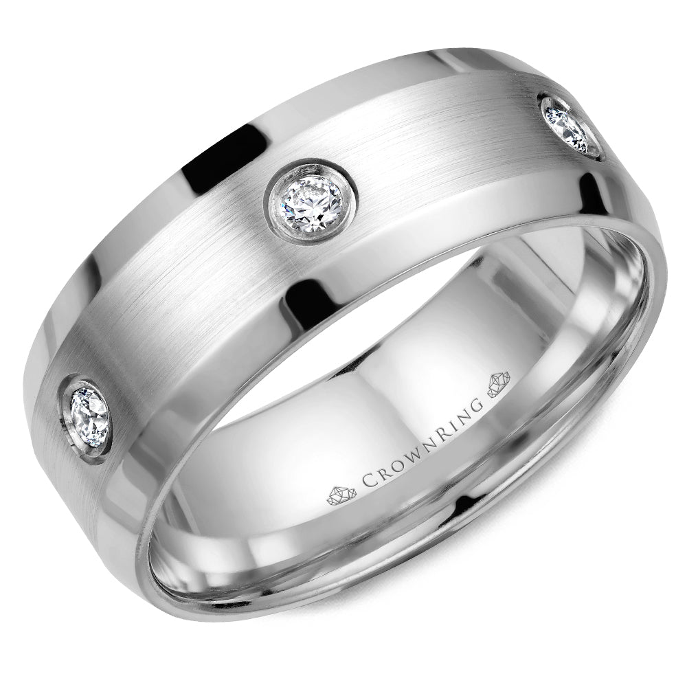 14K White Gold  8mm wide CrownRing wedding band with six round diamond