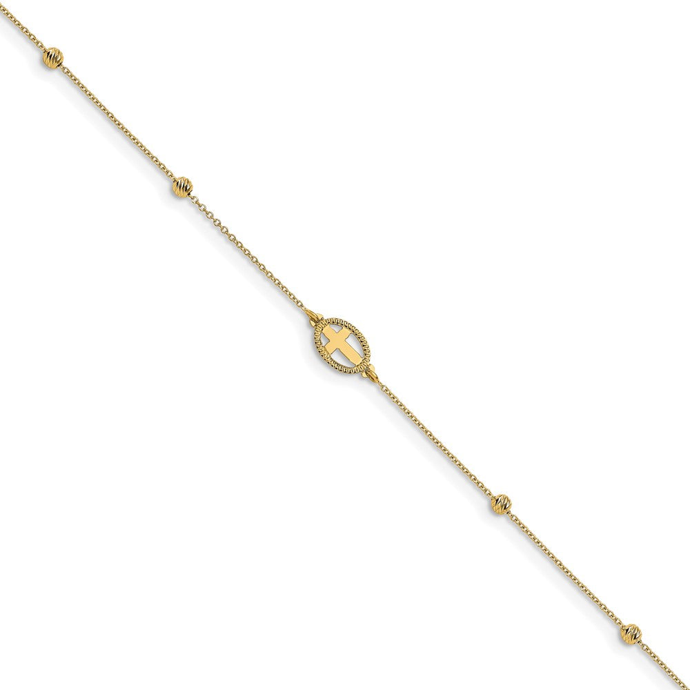 Leslie's 14K Polished D/C Beaded Cross w/1in ext. AnkletLF1439-9.5