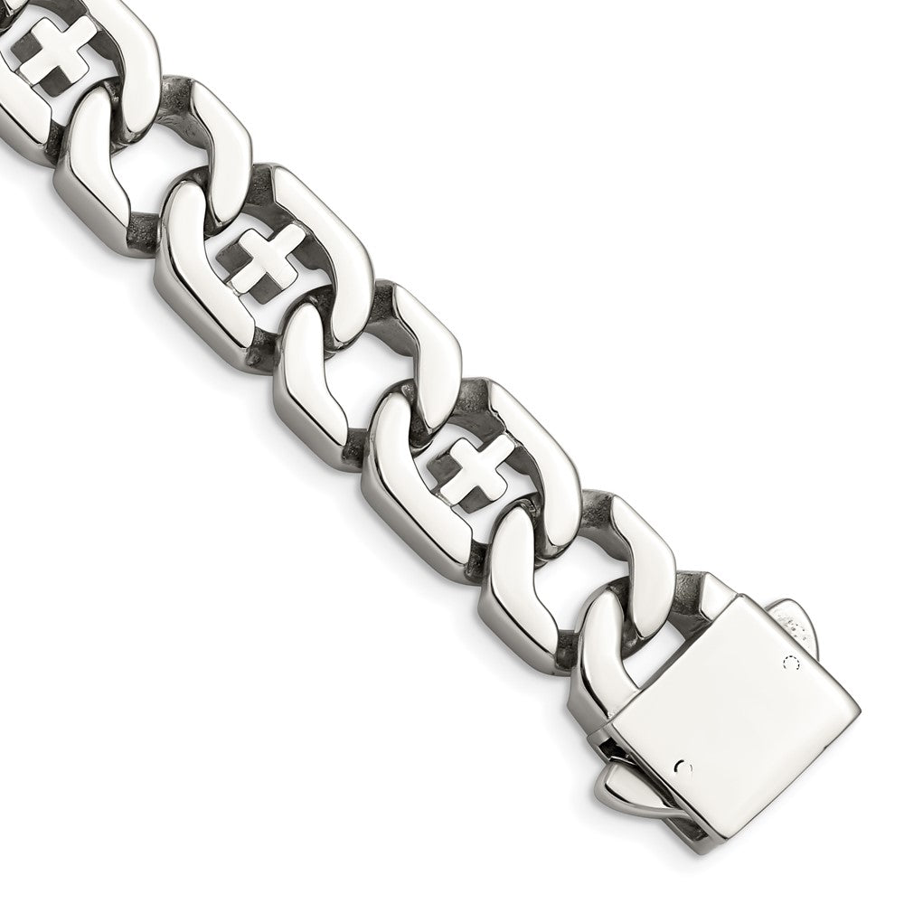 Stainless Steel Polished Link w/Crosses 8.5in BraceletSRB1061-8.5