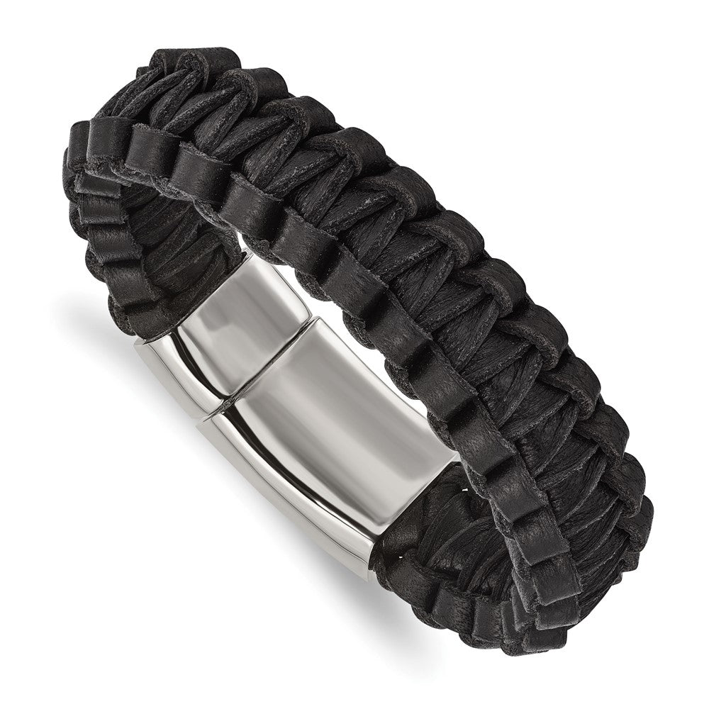 Stainless Steel Polished Flat Braided Black Leather BraceletSRB2015-8.5