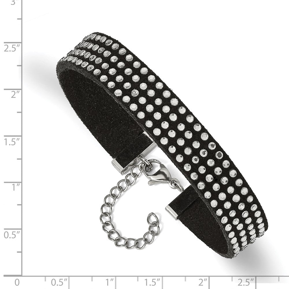 Stainless Steel with Black Leather and Crystal 7.25in w/1.75in ext. BraceleSRB2533-7.25