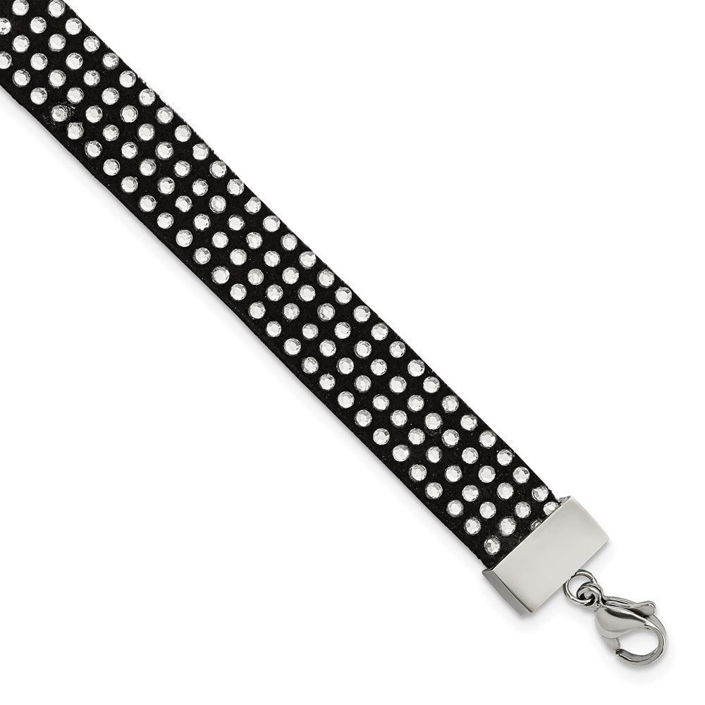 Stainless Steel with Black Leather and Crystal 7.25in w/1.75in ext. BraceleSRB2533-7.25