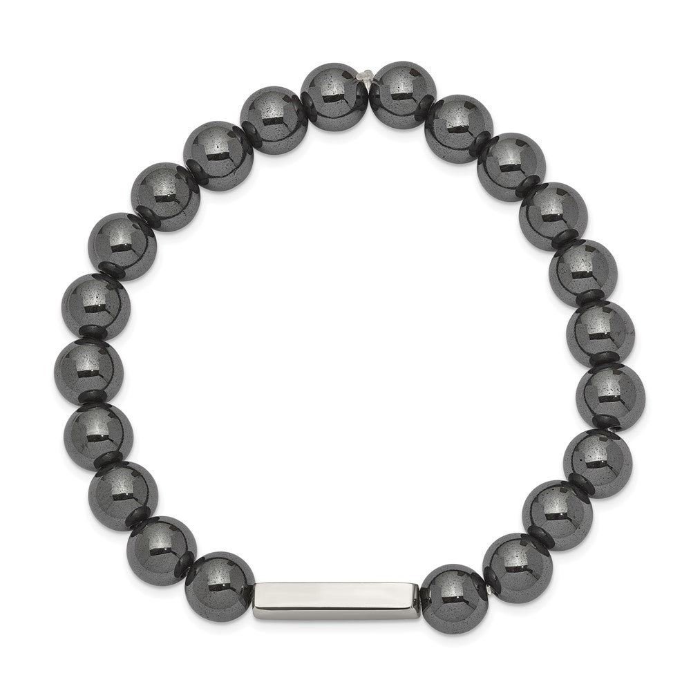 Stainless Steel Polished ID Plate Hematite Bead Stretch BraceletSRB2540