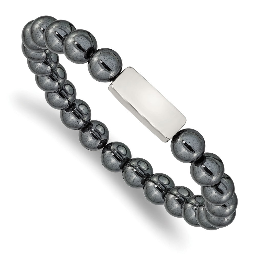 Stainless Steel Polished ID Plate Hematite Bead Stretch BraceletSRB2540