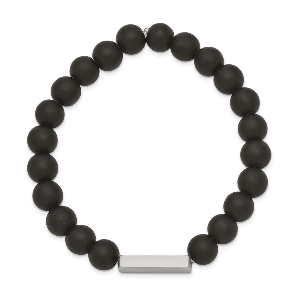 Stainless Steel Brushed ID Plate Black Agate Bead Stretch BraceletSRB2541