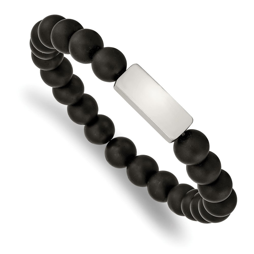 Stainless Steel Brushed ID Plate Black Agate Bead Stretch BraceletSRB2541