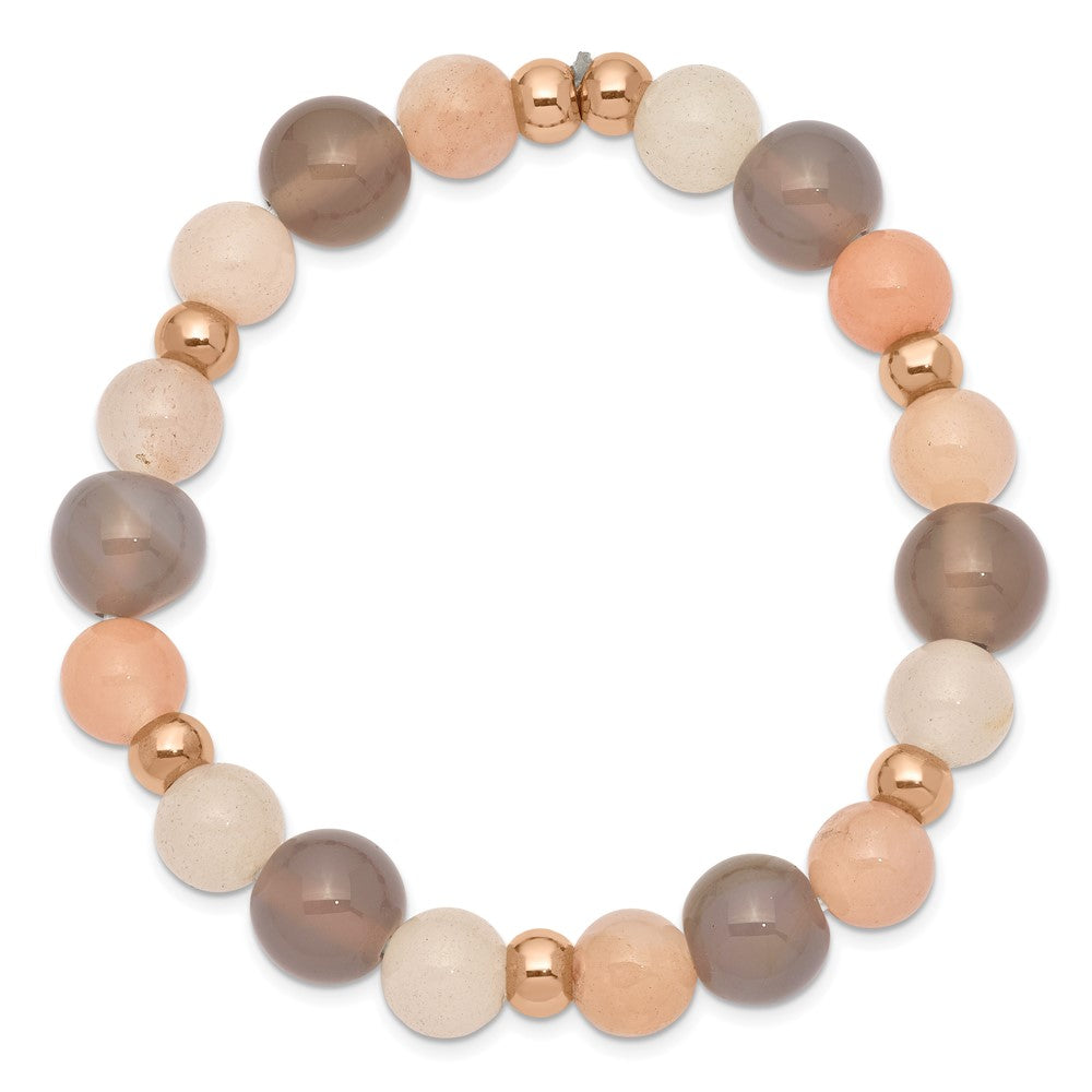 Stainless Steel Polished Rose IP Grey Agate Pink/White Aventurine BraceletSRB2550