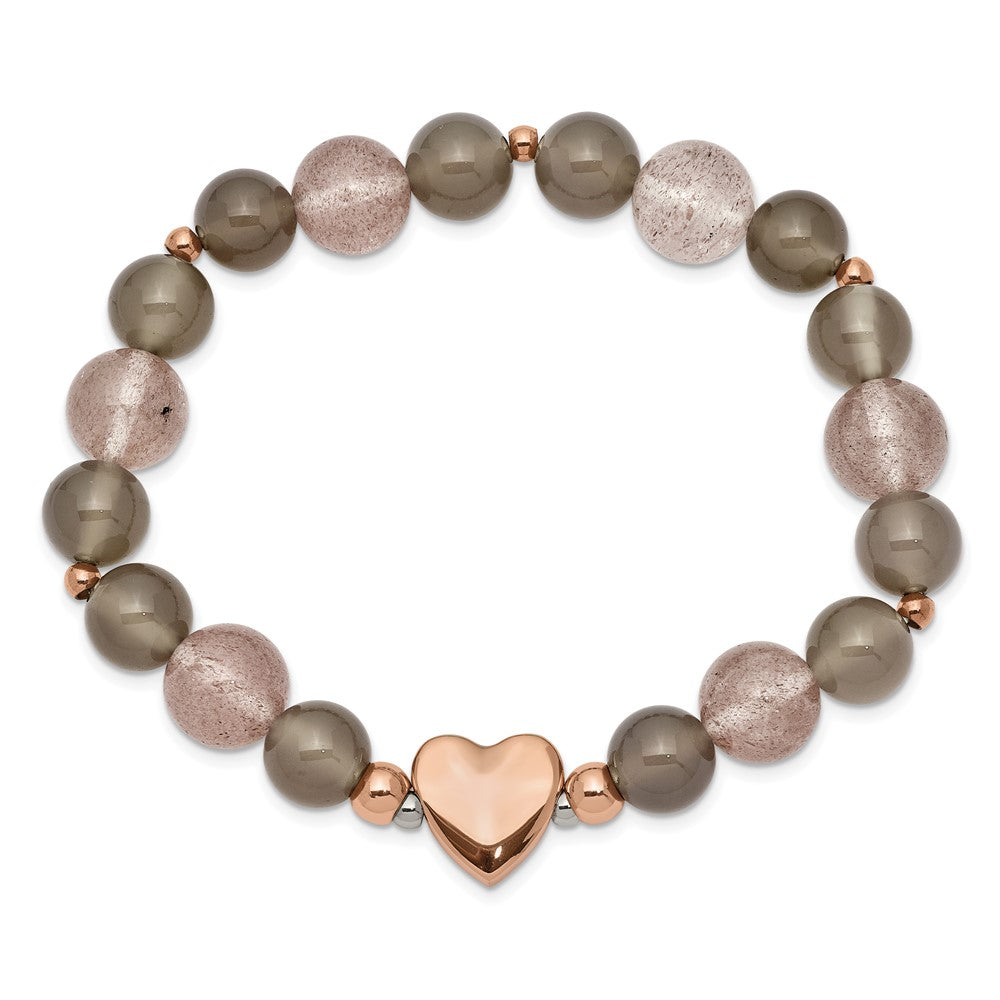Stainless Steel Polished Rose IP Heart Grey Agate/Strawberry Quartz StretchSRB2551