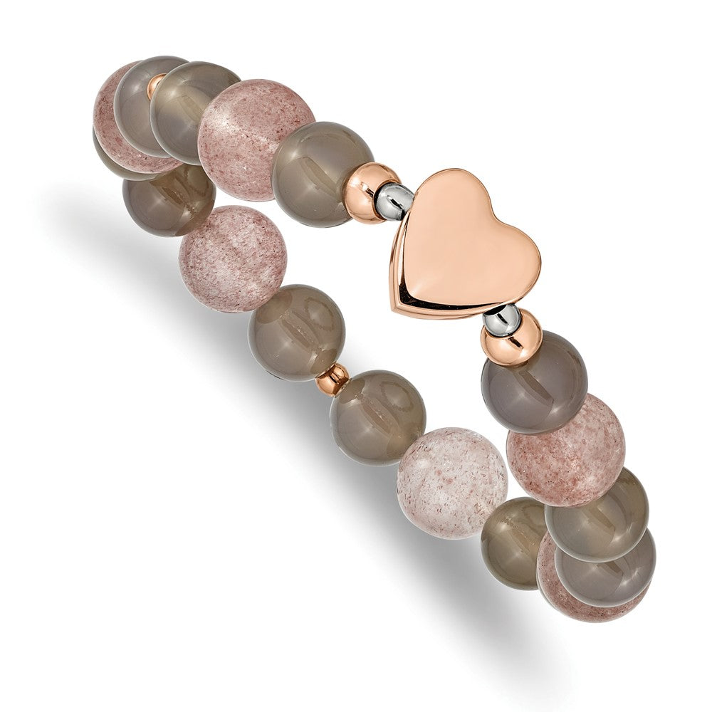 Stainless Steel Polished Rose IP Heart Grey Agate/Strawberry Quartz StretchSRB2551