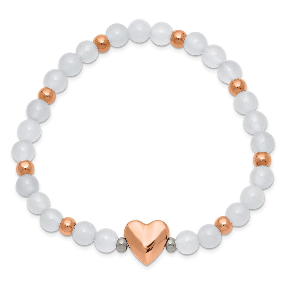 Stainless Steel Rose IP-plated Heart White Agate Stretch BraceletSRB2554