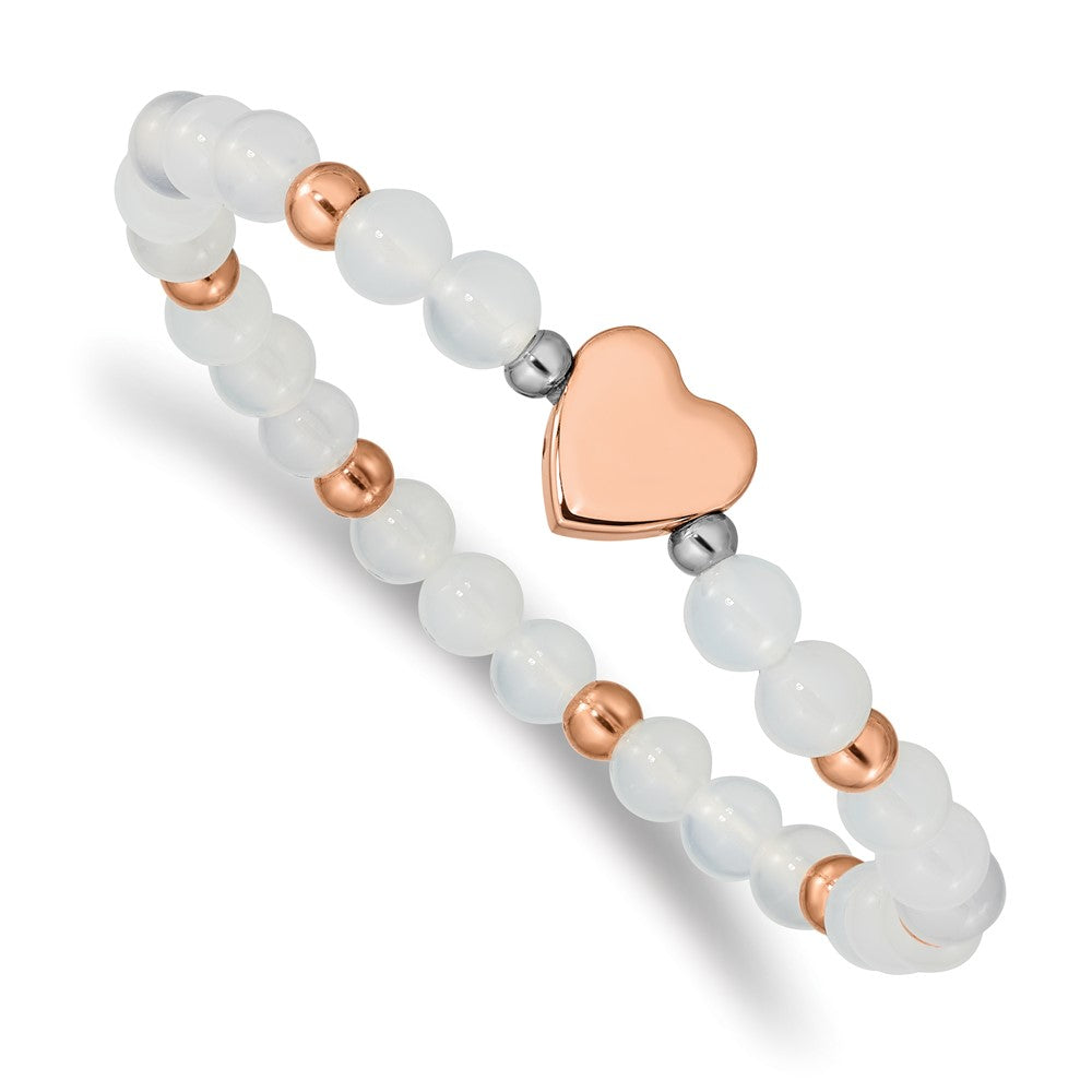Stainless Steel Rose IP-plated Heart White Agate Stretch BraceletSRB2554