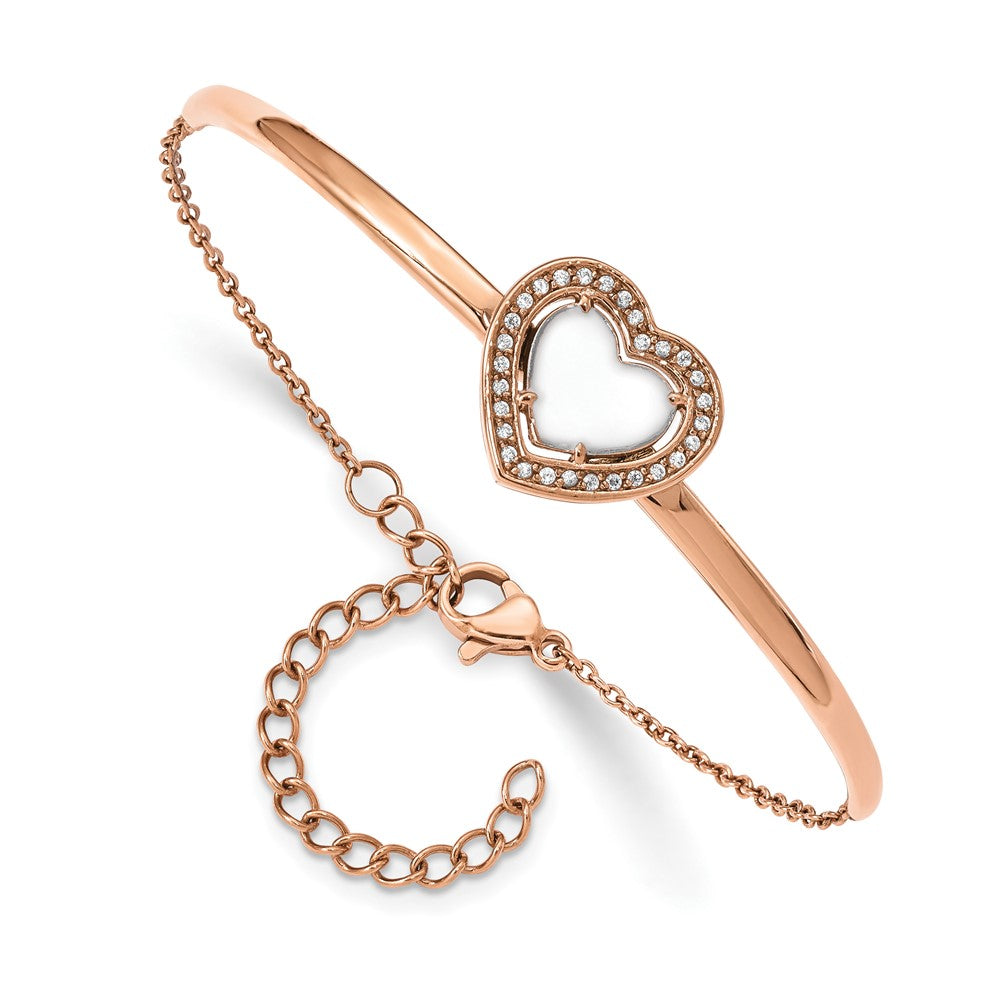 Stainless Steel Polished Rose IP White Enamel CZ Heart w/2in ext. BraceletSRB2558-6.5