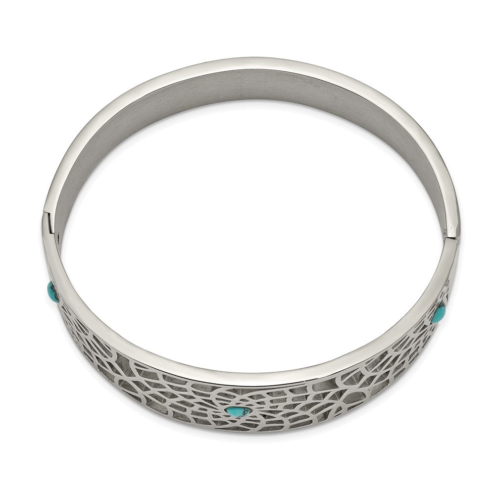 Stainless Steel Polished with Reconstructed Turquoise Hinged BangleSRB2581
