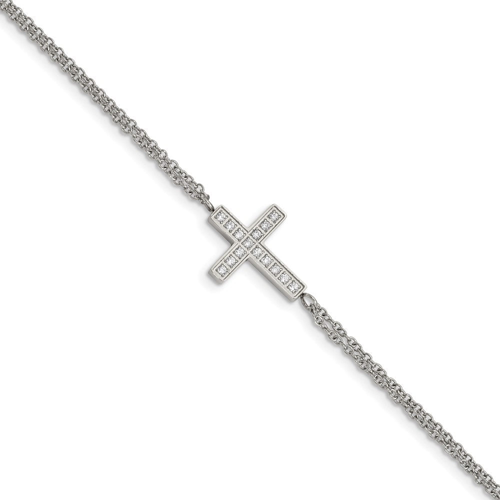 Stainless Steel Polished with CZ Cross 6.25in with 2in ext. BraceletSRB2617-6.25