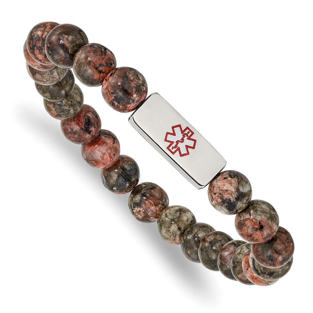 Stainless Steel Polished Enamel Medical ID Poppy Jasper Stretch BraceletSRB2624
