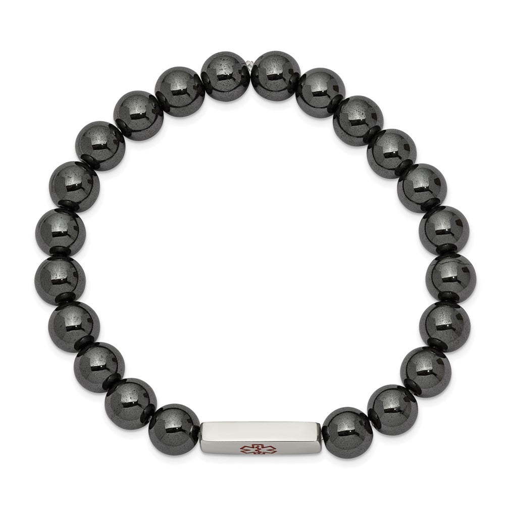 Stainless Steel Polished Medical ID Plate Hematite Bead Stretch BraceletSRB2627