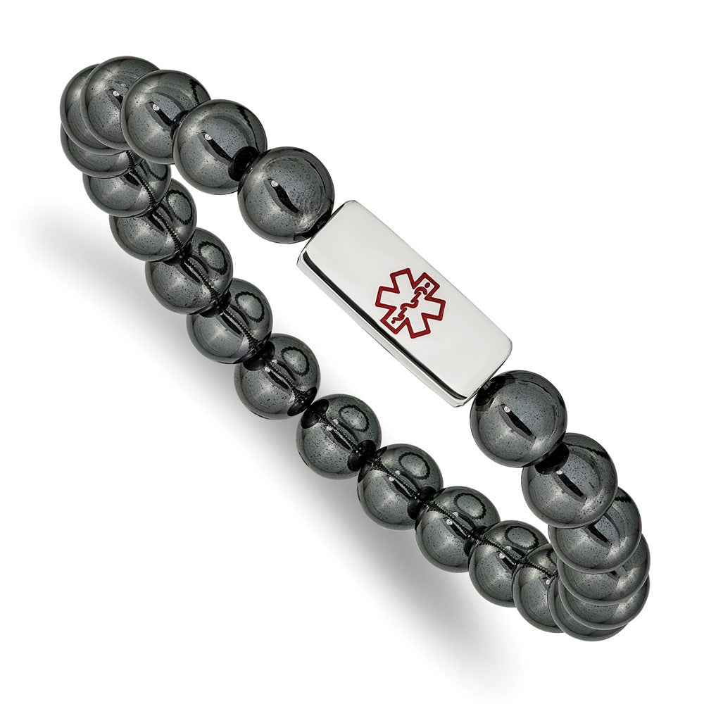 Stainless Steel Polished Medical ID Plate Hematite Bead Stretch BraceletSRB2627