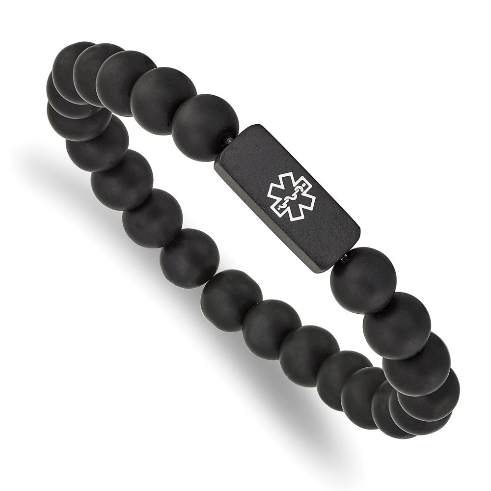 Stainless Steel Brushed Black-plated Medical ID Blk Agate Stretch BraceletSRB2628