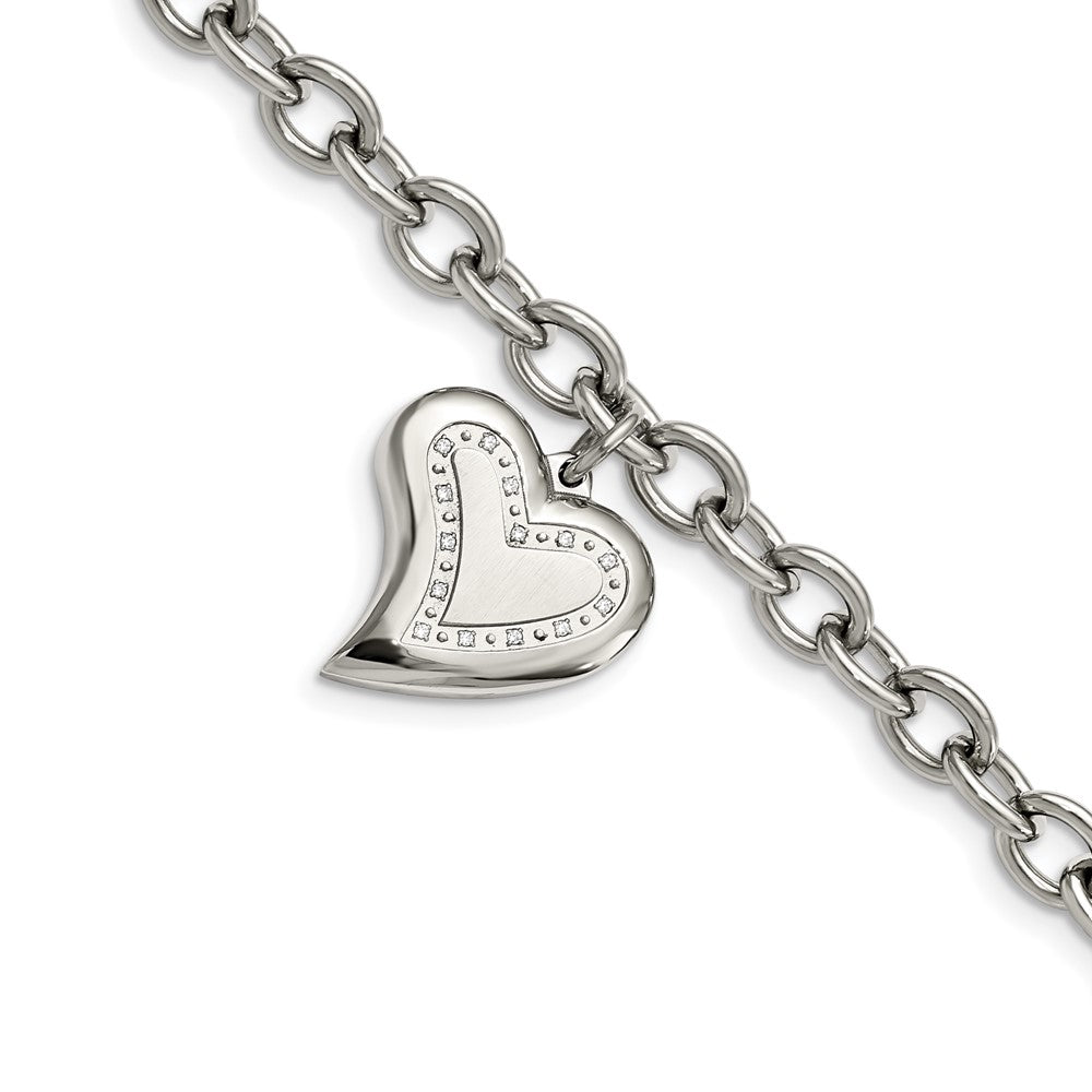 Stainless Steel CZ Heart Charm Fancy 7.5in BraceletSRB263-7.5