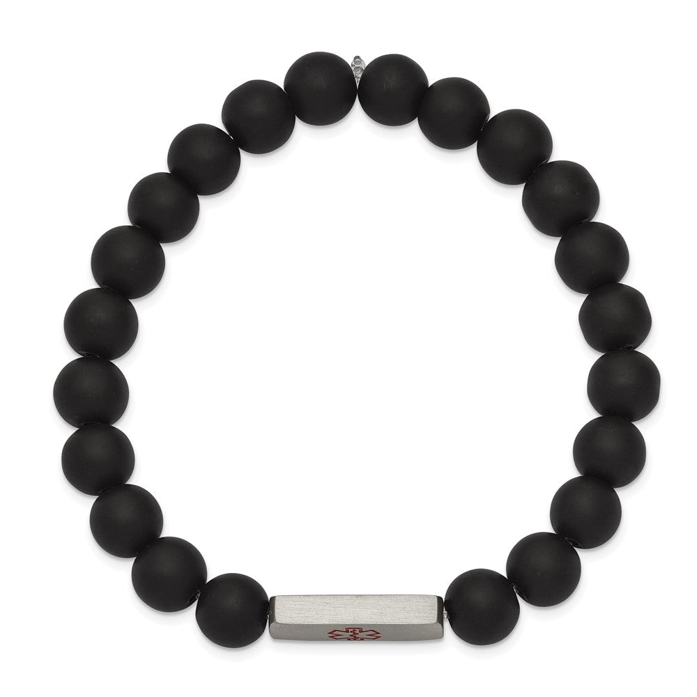 Stainless Steel Brushed Medical ID Plate Black Agate Bead Stretch BraceletSRB2632