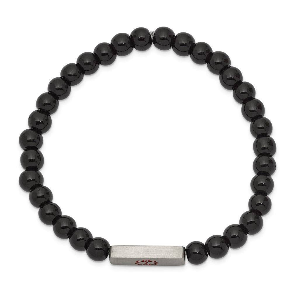 Stainless Steel Brushed Medical ID Plate Onyx Bead Stretch BraceletSRB2633