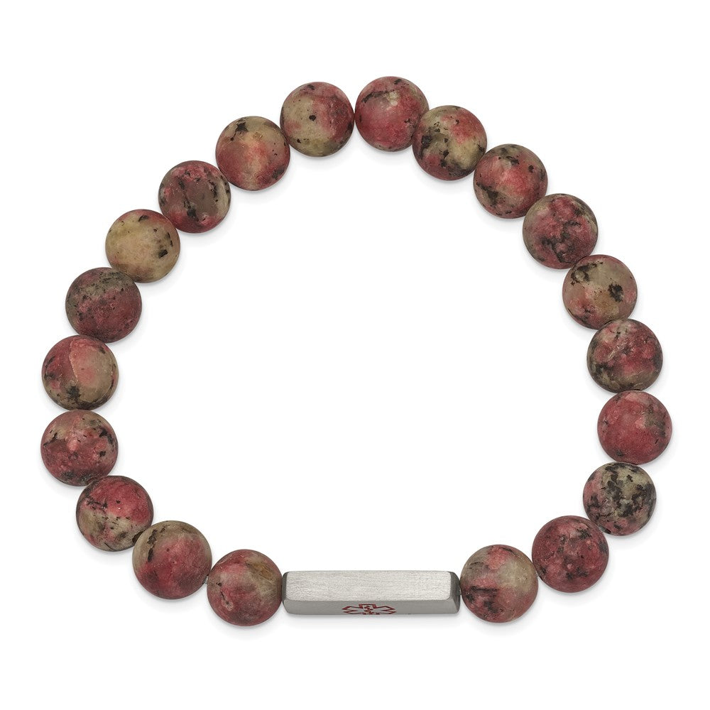 Stainless Steel Brushed Medical ID Rhodochrosite Bead Stretch BraceletSRB2634