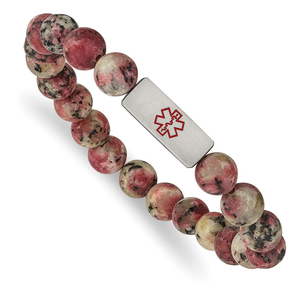 Stainless Steel Brushed Medical ID Rhodochrosite Bead Stretch BraceletSRB2634
