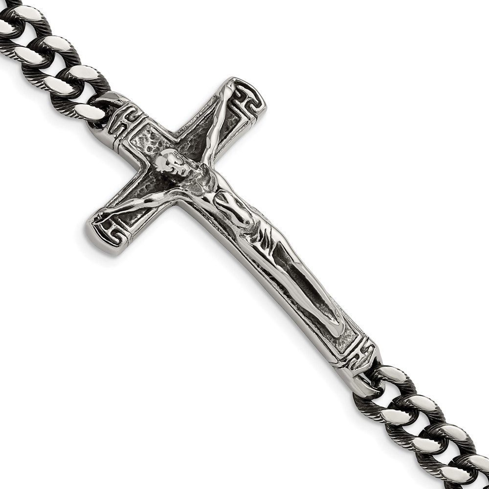 Stainless Steel Antiqued and Polished Crucifix 8.75in BraceletSRB2651-8.75