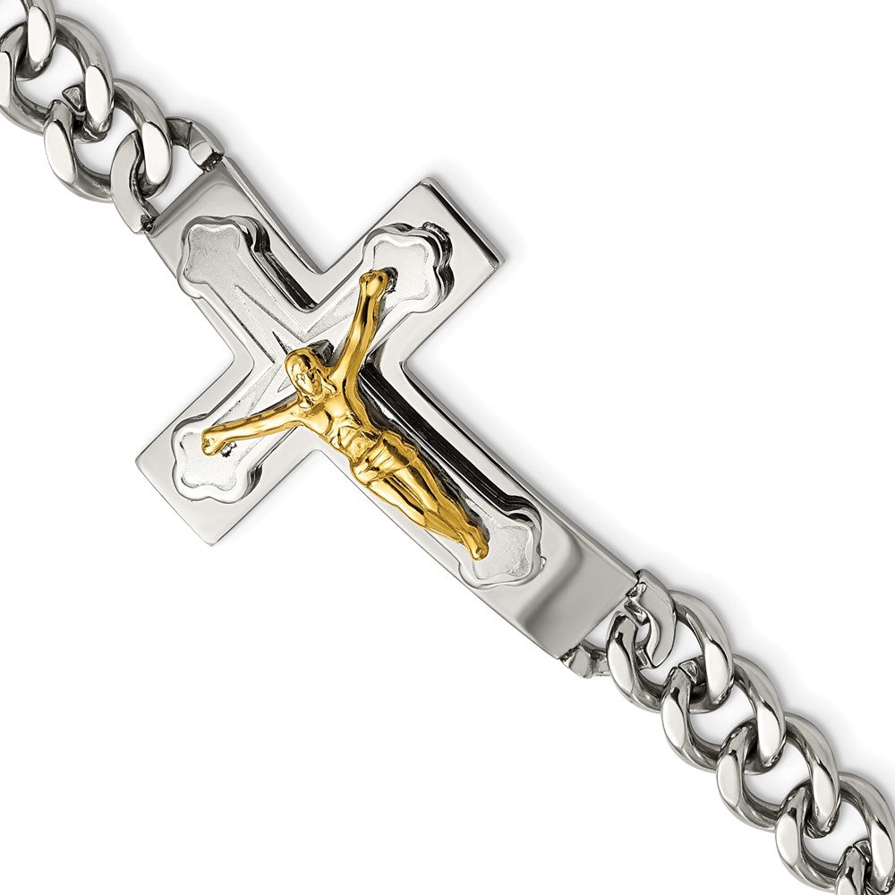 Stainless Steel Polished Yellow IP-plated Crucifix 8in BraceletSRB2654-8