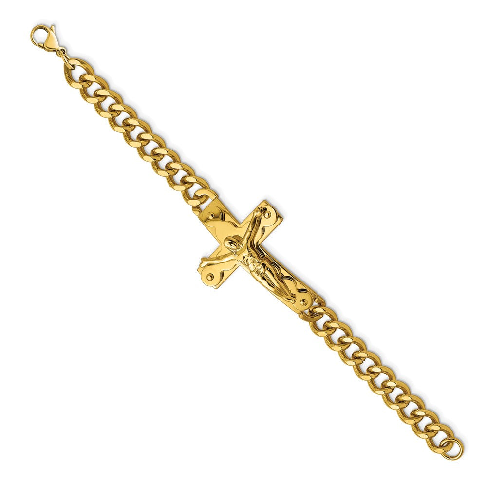 Stainless Steel Polished Yellow IP-plated Crucifix 8.25in BraceletSRB2658-8.25