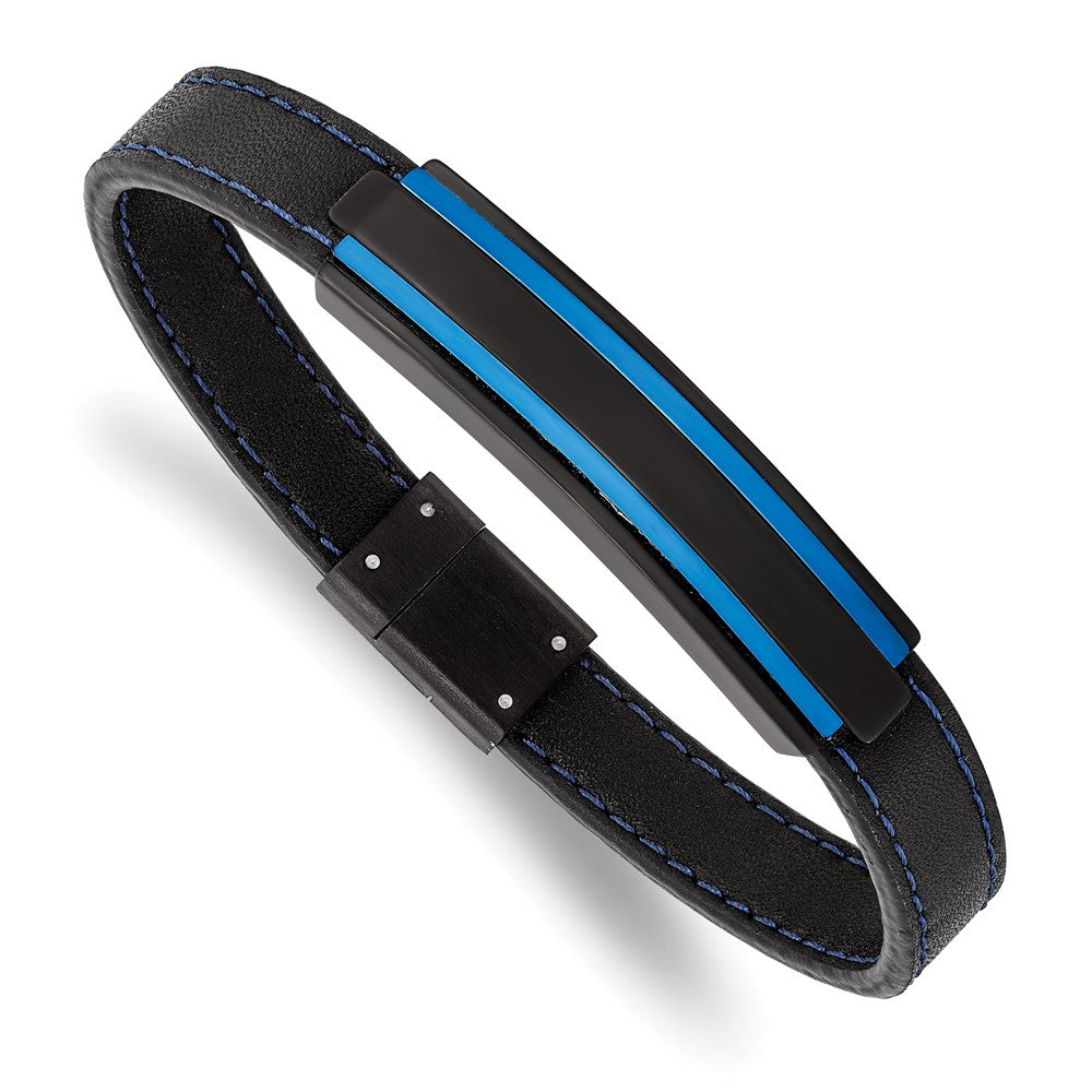 Stainless Steel Brushed & Polished Black/Blue IP Black Rubber 8.5in BraceleSRB2664-8.5