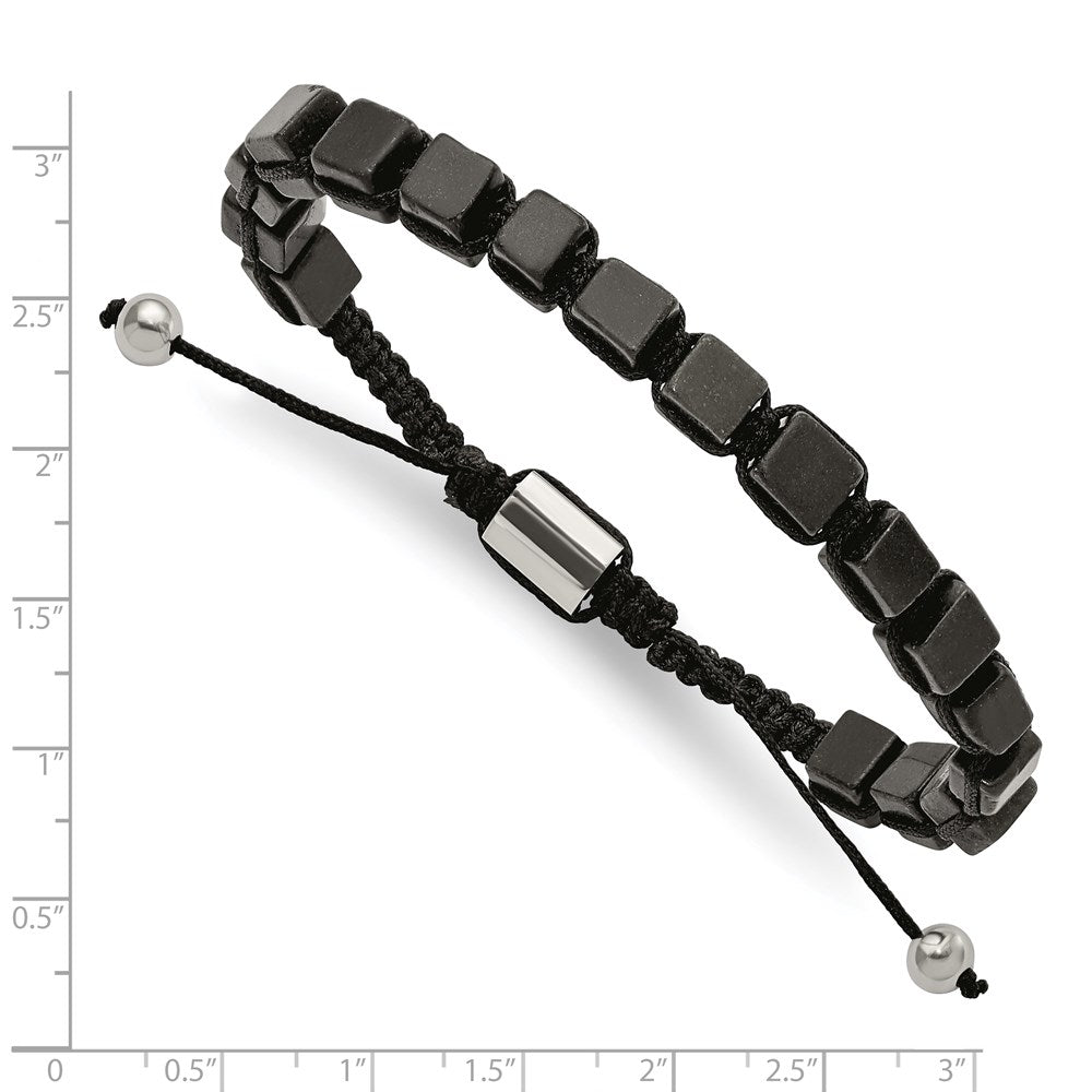 Stainless Steel Polished with Black Agate Macrame Adjustable BraceletSRB2706