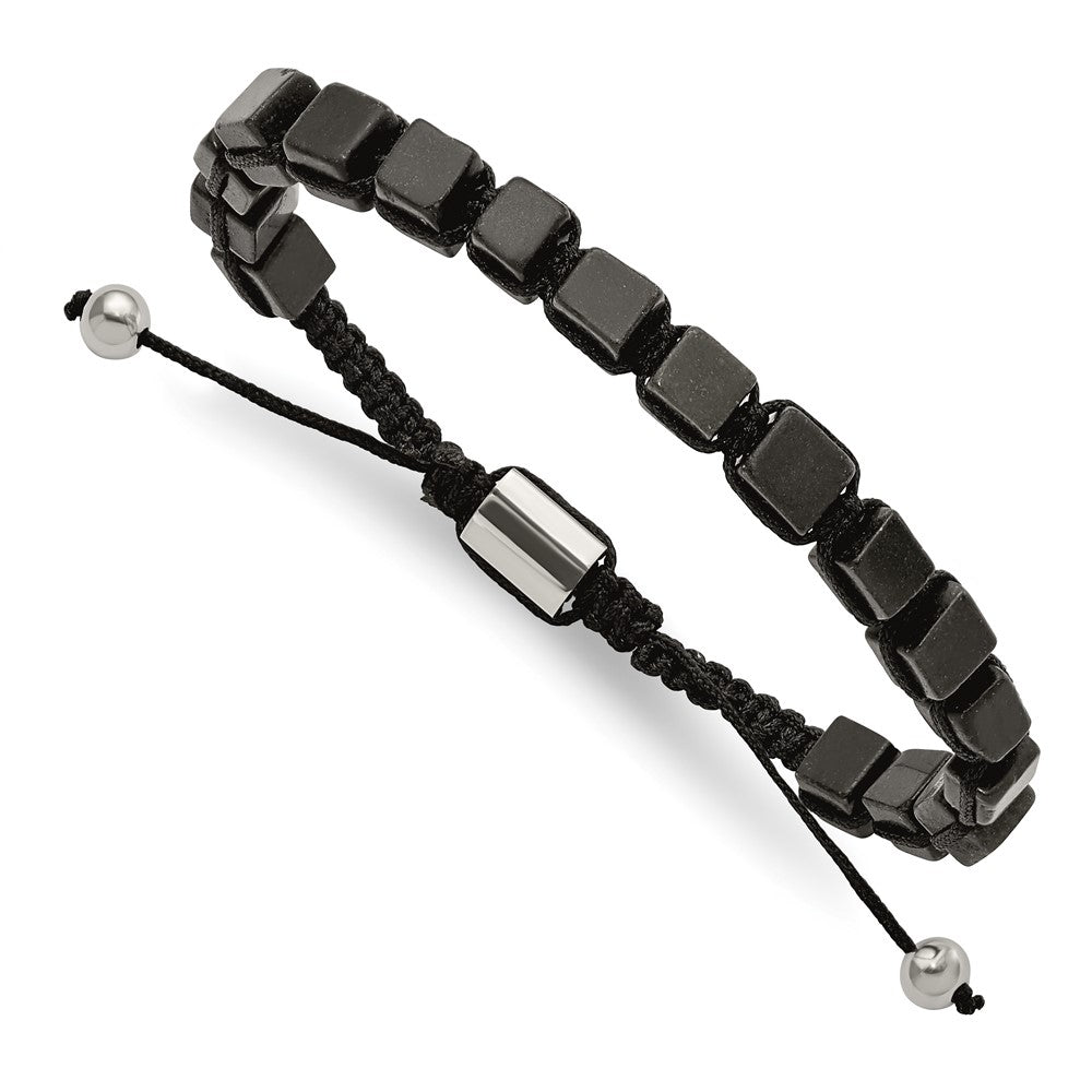 Stainless Steel Polished with Black Agate Macrame Adjustable BraceletSRB2706