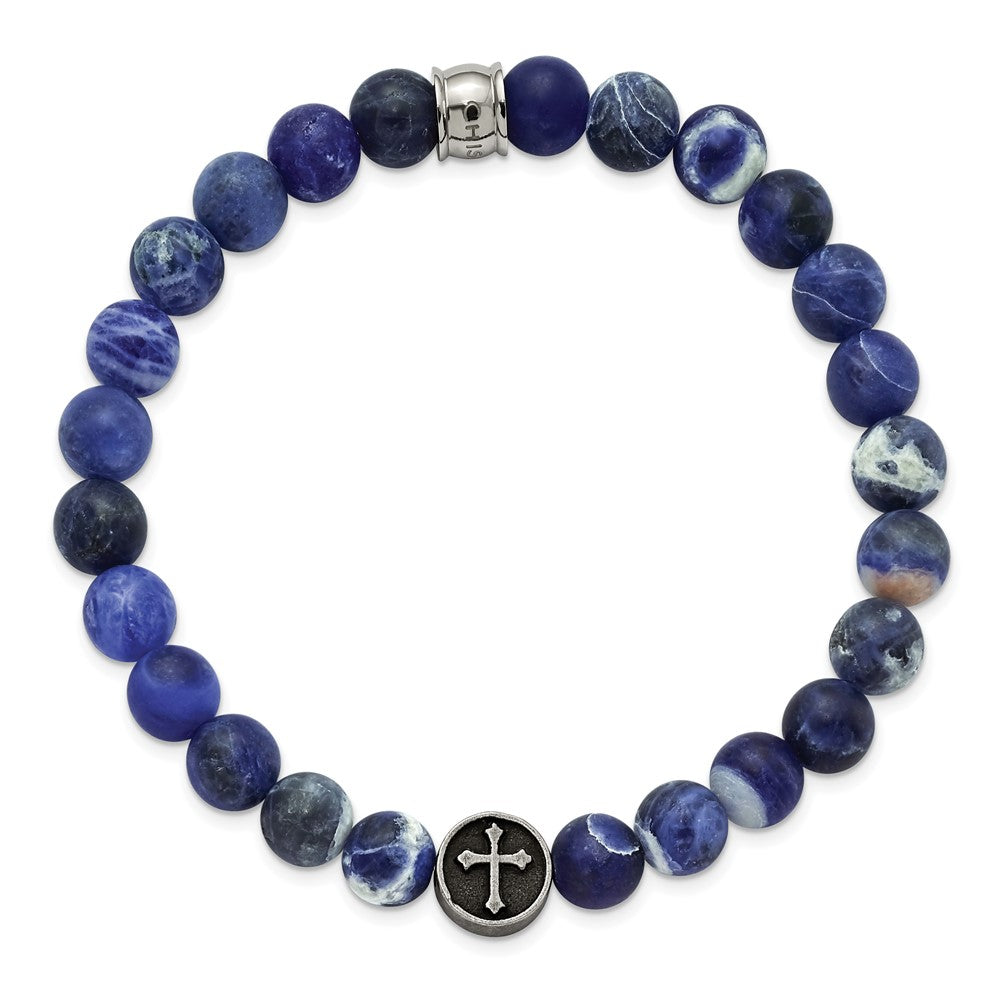 Stainless Steel Antiqued & Brushed Sodalite Beaded Cross Stretch BraceletSRB2709