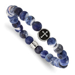 Load image into Gallery viewer, Stainless Steel Antiqued &amp; Brushed Sodalite Beaded Cross Stretch BraceletSRB2709
