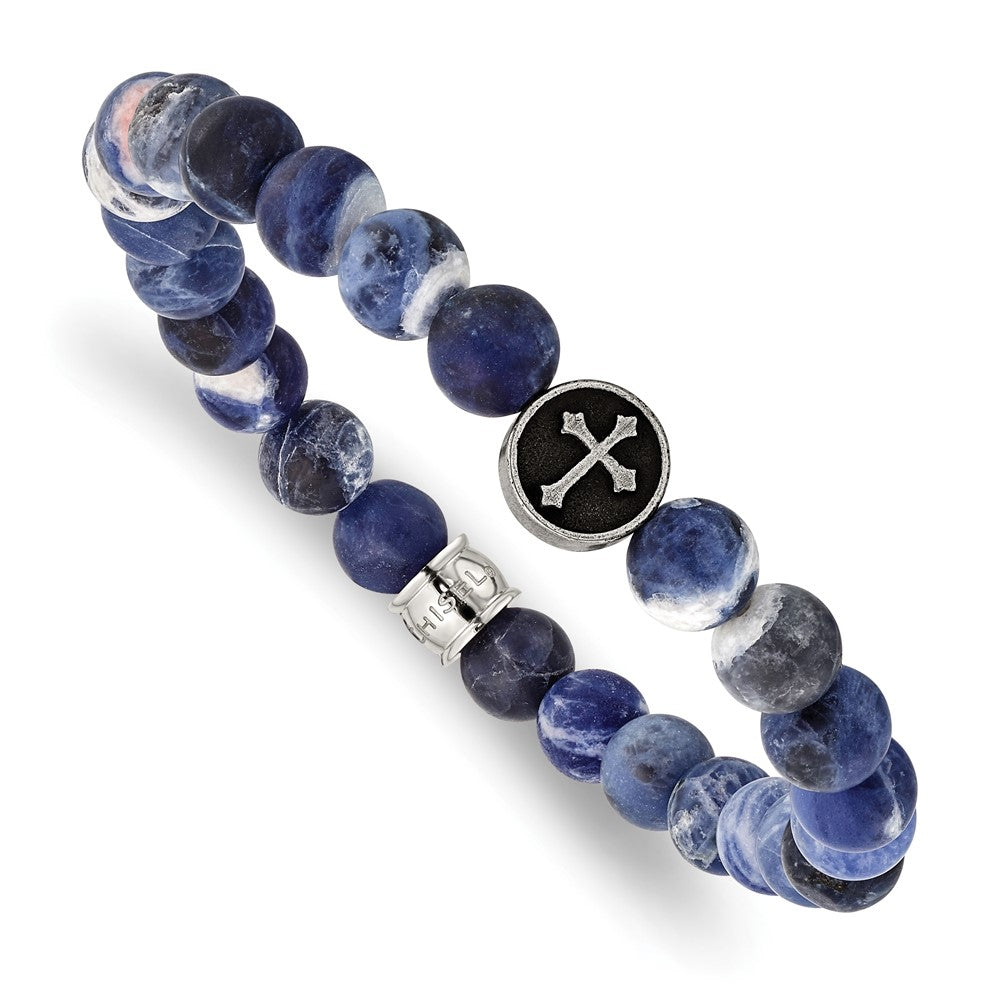 Stainless Steel Antiqued & Brushed Sodalite Beaded Cross Stretch BraceletSRB2709