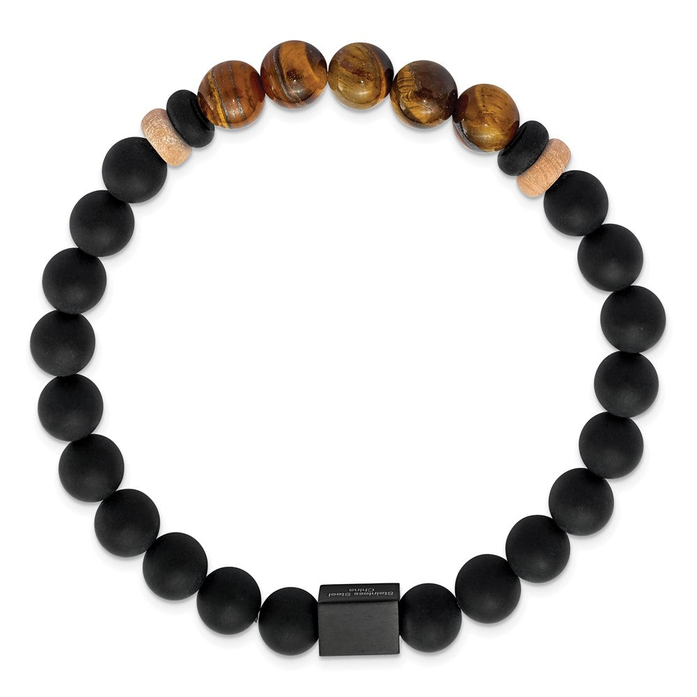 Stainless Steel Brushed Black IP Black Agate/Tiger's Eye Stretch BraceletSRB2710