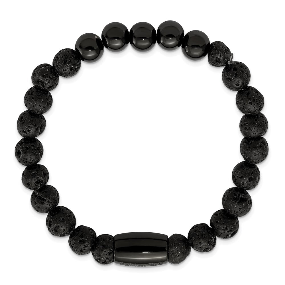 Stainless Steel Polished Black IP-plated Lava Stone Stretch BraceletSRB2711