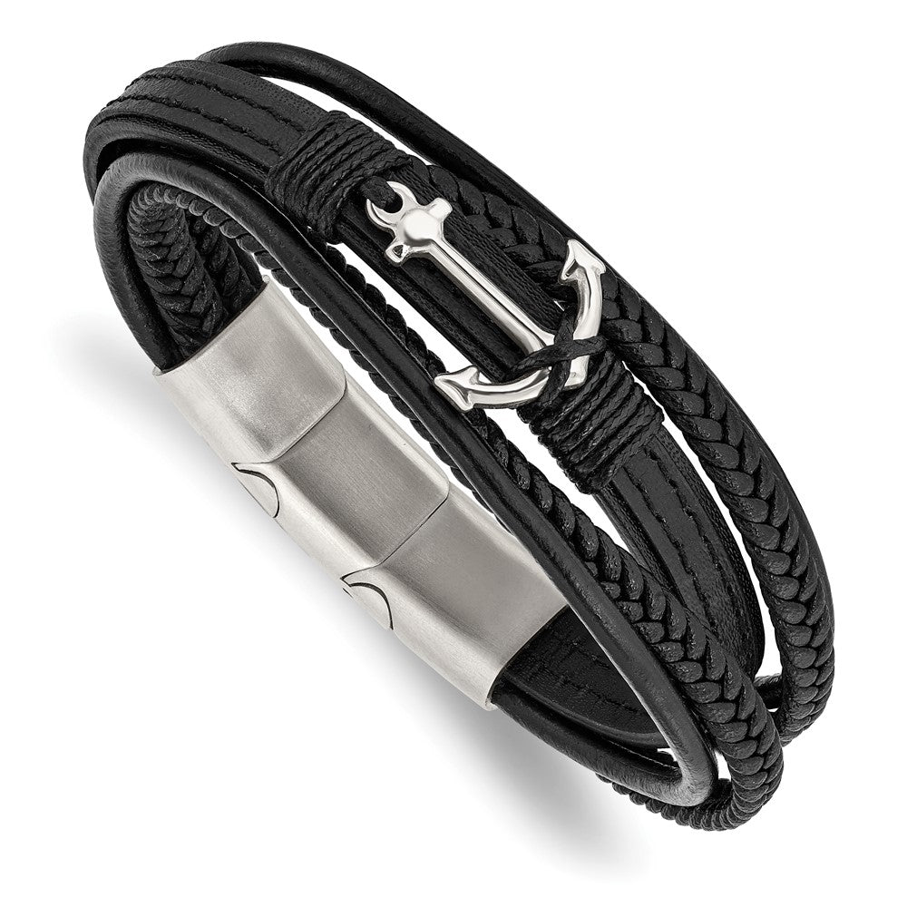 Stainless Steel Polished Anchor Genuine/PU Leather w/.5in ext BraceletSRB2714-7.75