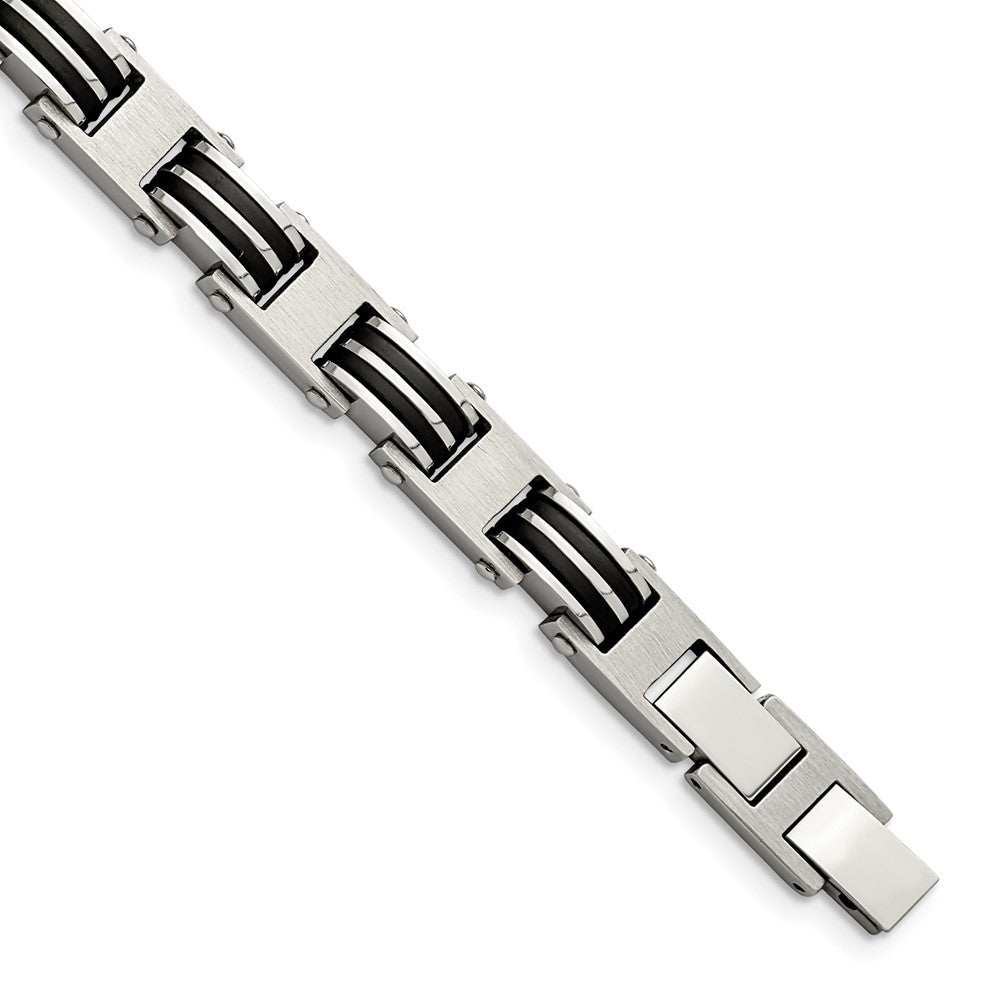 Stainless Steel Brushed & Polished w/Blk Rubber w/.5in ext 7.75in BraceletSRB2717-7.75