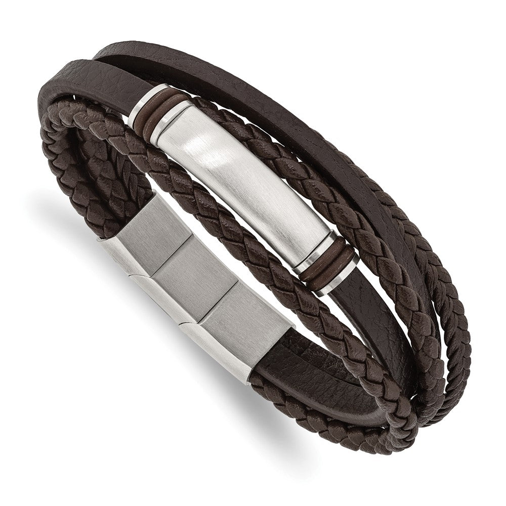 Stainless Steel Brushed Brown PU Leather & Rubber w/.5in ext 8in BraceletSRB2718-8