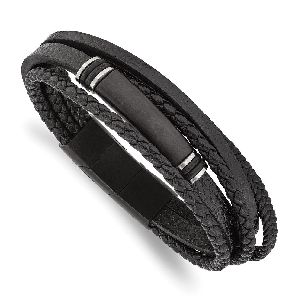 Stainless Steel Brushed Black IP PU Leather/Rubber w/.5in ext 8in BraceletSRB2719-8