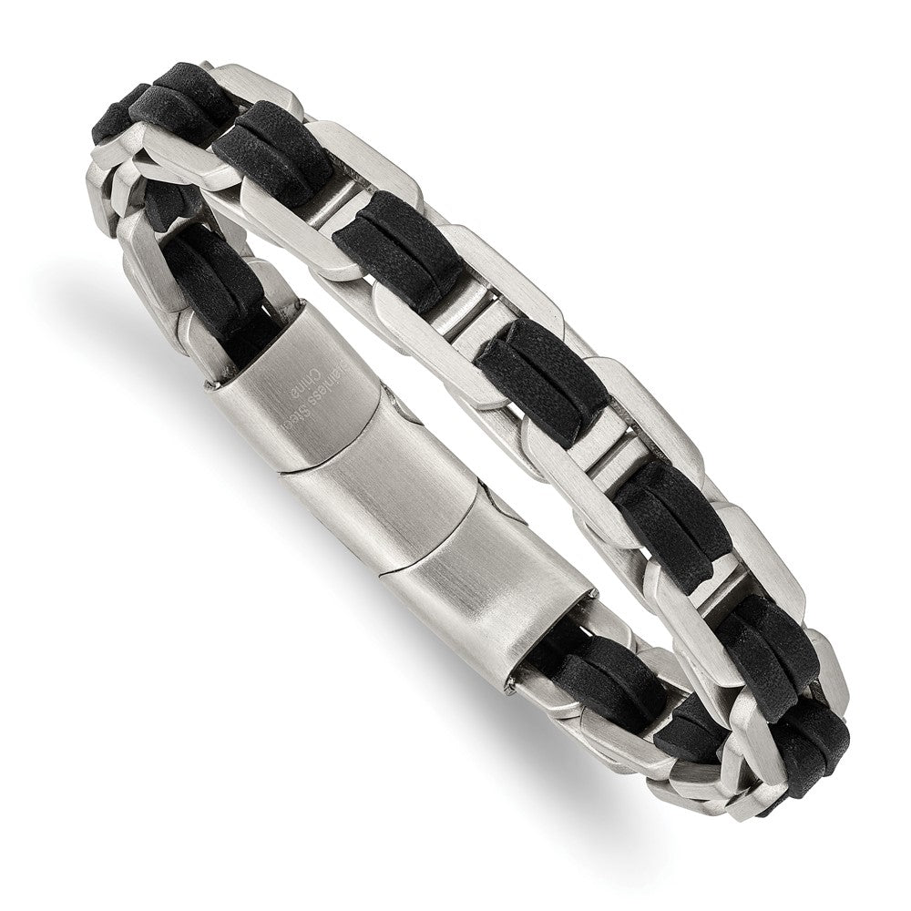 Stainless Steel Brushed with Black PU Leather w/.5in ext 7.75in Link BracelSRB2720-7.75