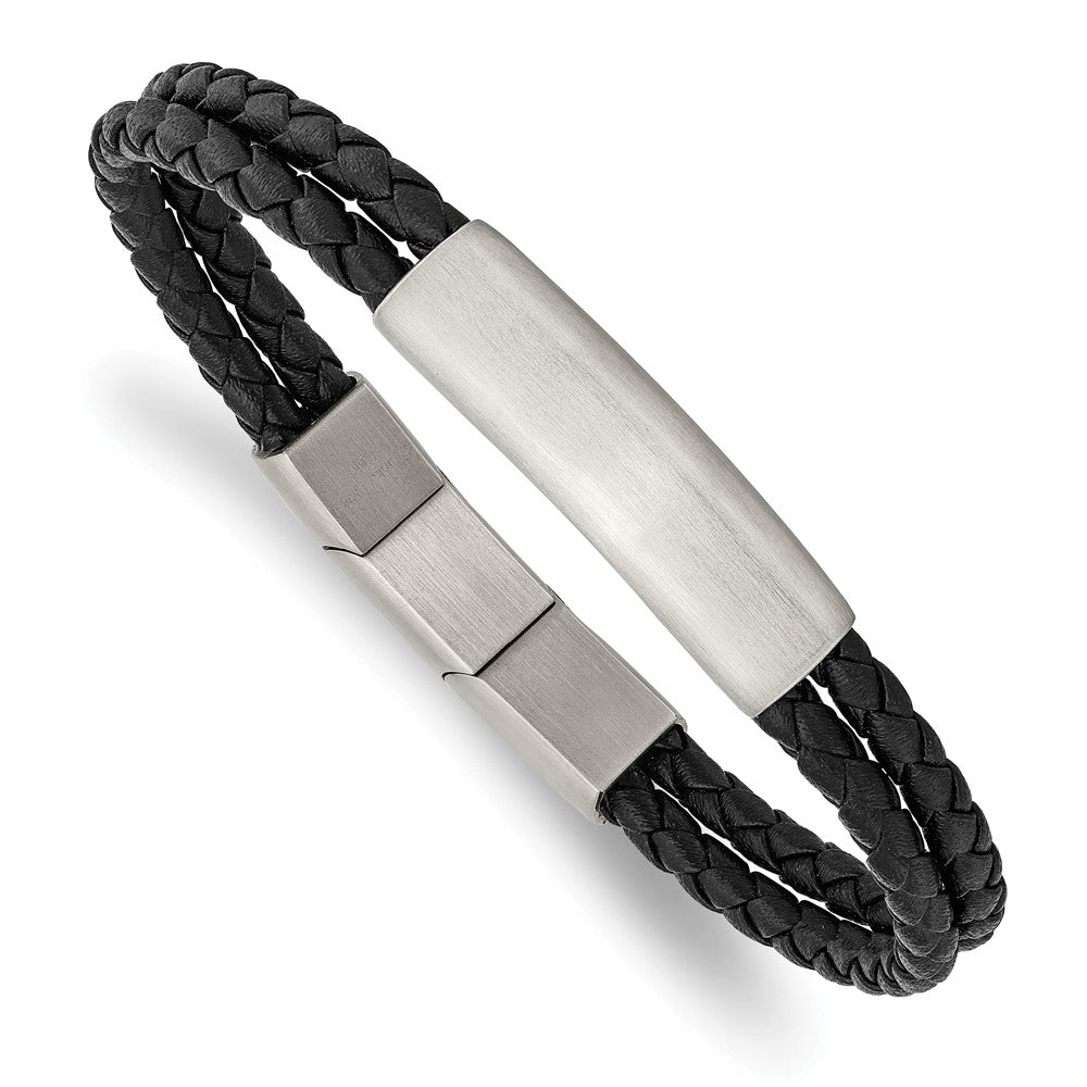 Stainless Steel Brushed Braided Black Leather w/.5in ext 8in BraceletSRB2722-8