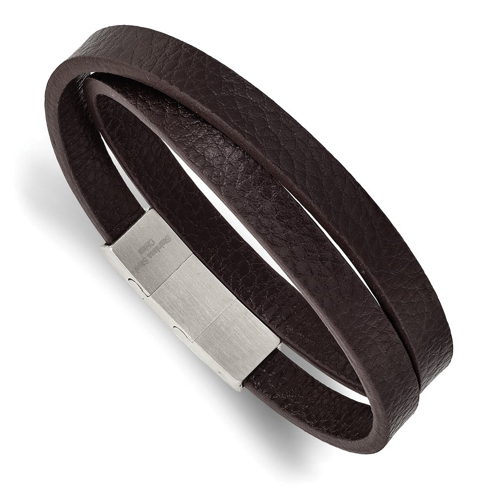 Stainless Steel Brushed Brown PU Leather w/.25in ext 16in Wrap BraceletSRB2723