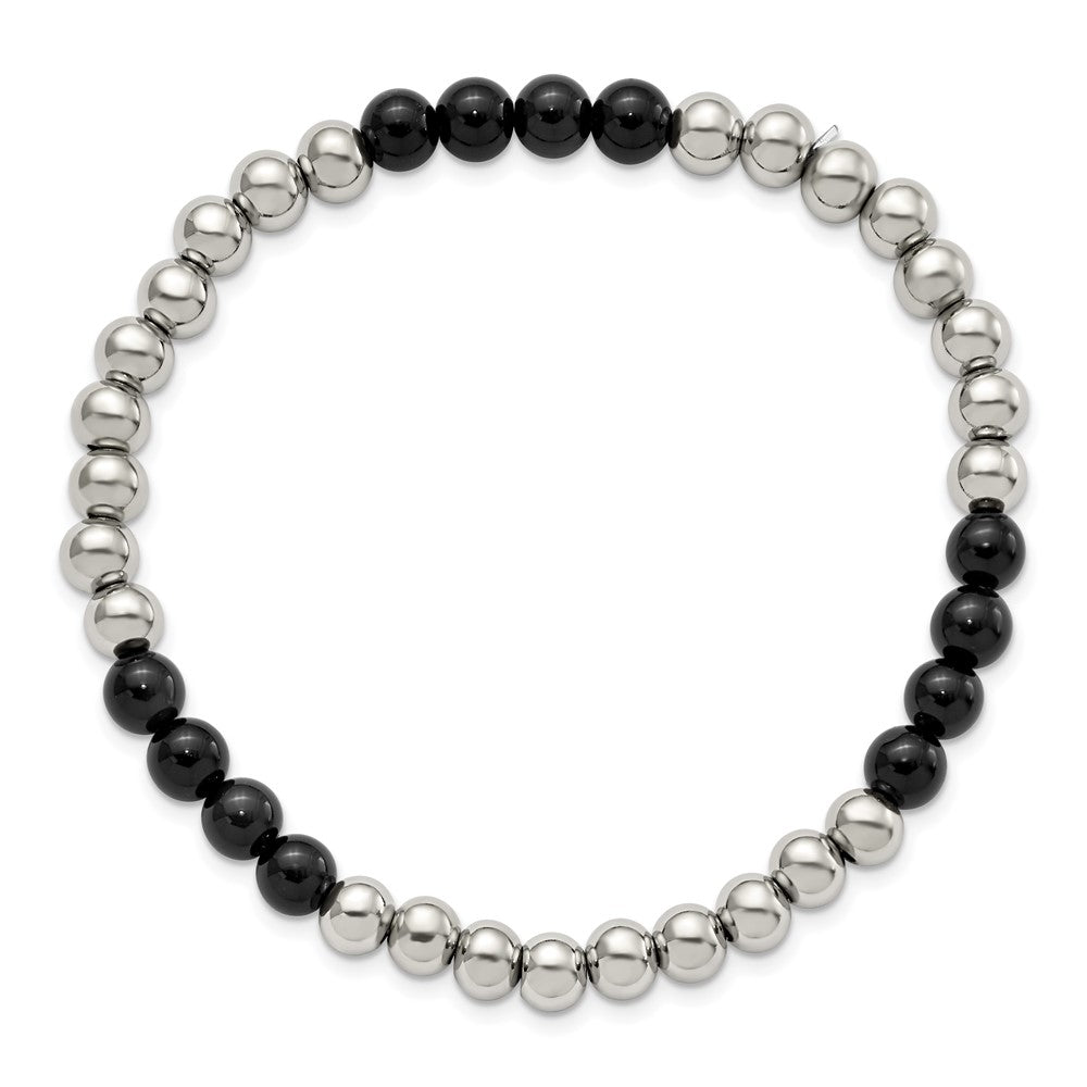 Stainless Steel Polished Black Onyx Beaded Stretch BraceletSRB2734