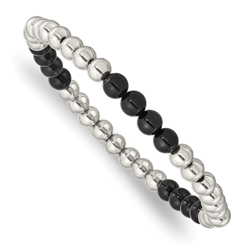 Stainless Steel Polished Black Onyx Beaded Stretch BraceletSRB2734