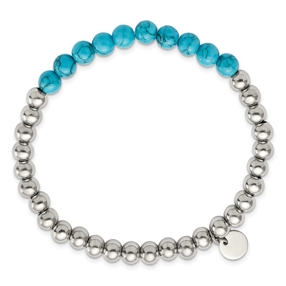 Stainless Steel Polished Synthetic Turquoise Beaded Stretch BraceletSRB2747