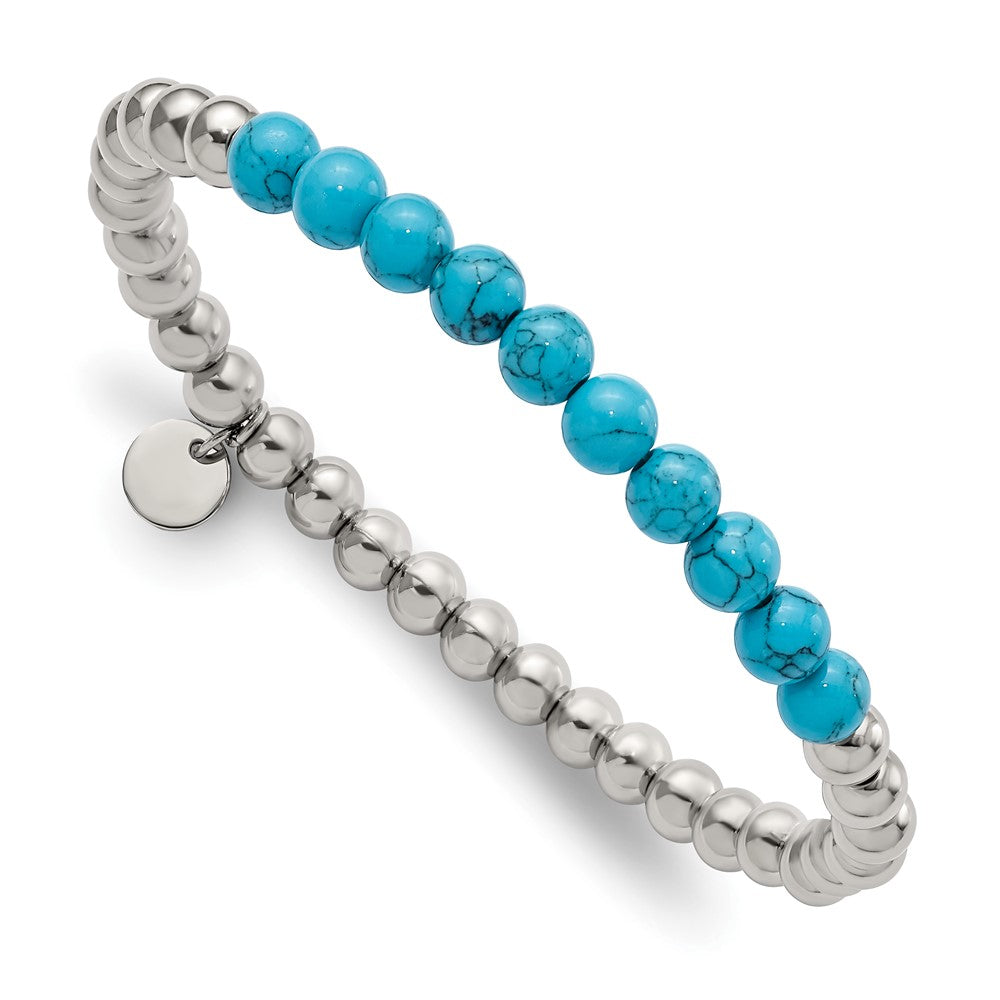Stainless Steel Polished Synthetic Turquoise Beaded Stretch BraceletSRB2747